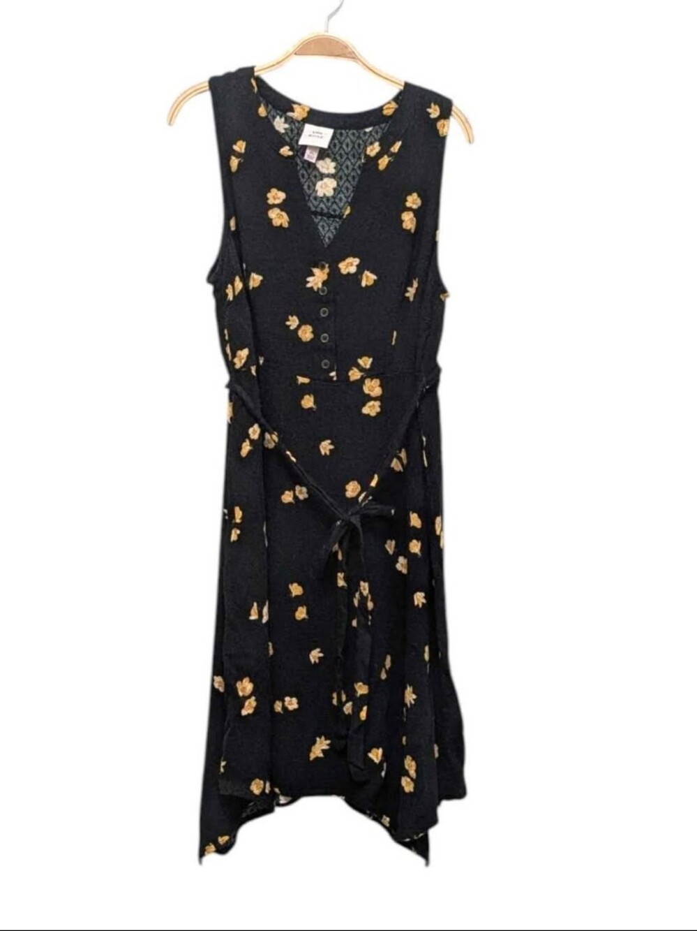 Knox Rose Boho Feminine Daisy Floral High Low Black Yellow Dress XL